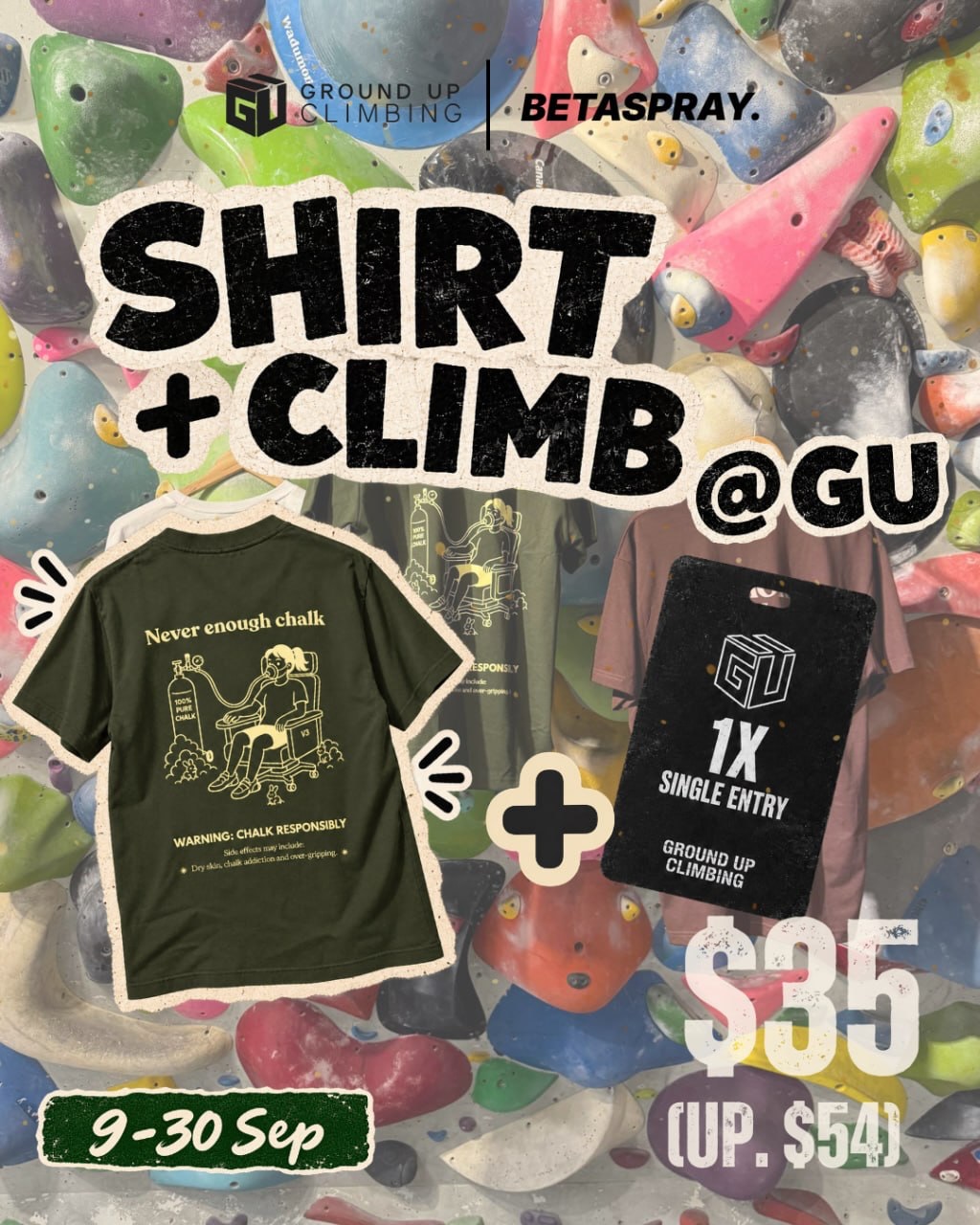 SHIRT + CLIMB is now LIVE at Ground Up! ๐งโโ๏ธ
Grab a Betaspray shirt + 1ร Ground Up single entry for